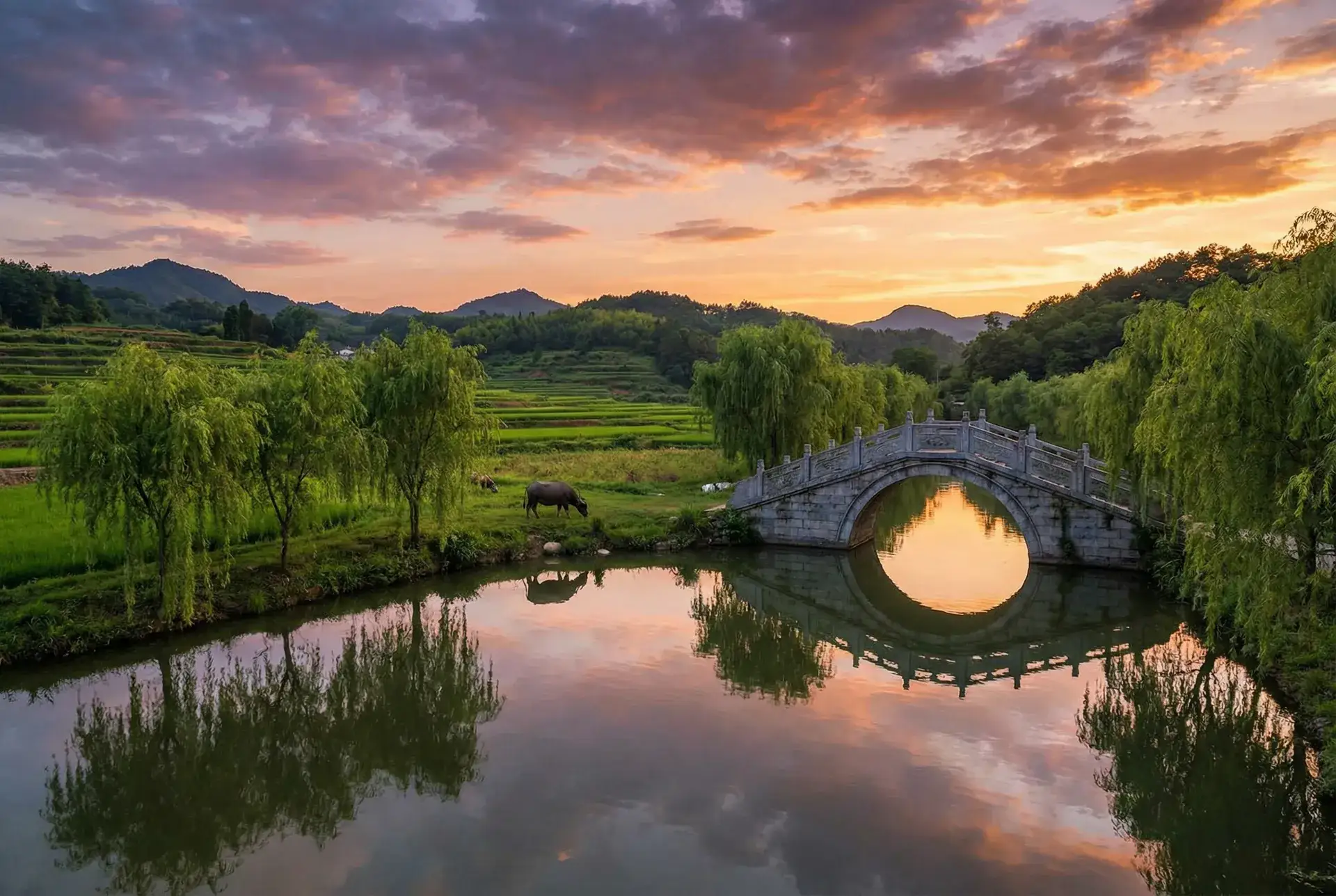 夕阳下的石拱桥与垂柳，水牛在河边吃草 - 腾讯入股小米 乡村美景
